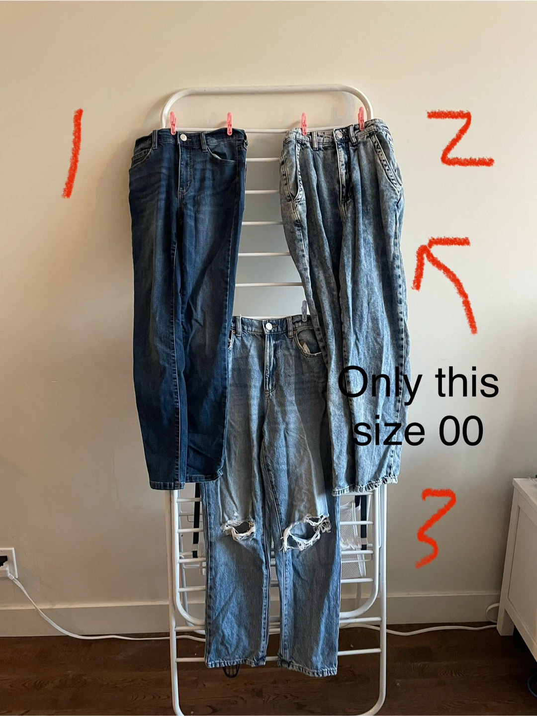 Garage Jean, $15 each, $35 for all