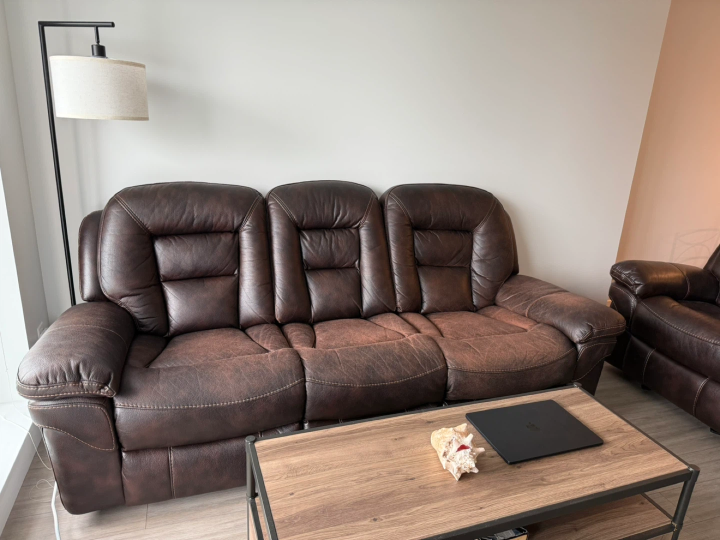 Brown Leather (Faux) Reclining Sofa Set - photo 2