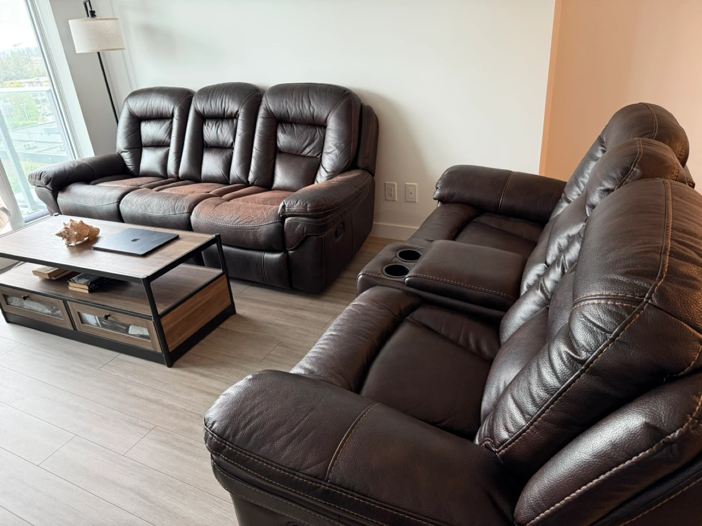 Brown Leather (Faux) Reclining Sofa Set - photo 4