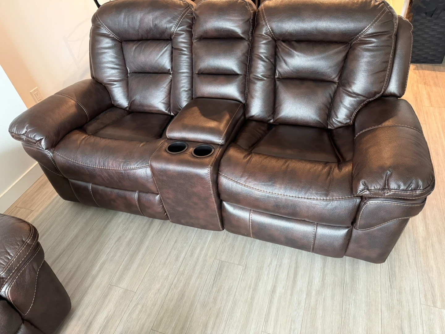 Brown Leather (Faux) Reclining Sofa Set - photo 3