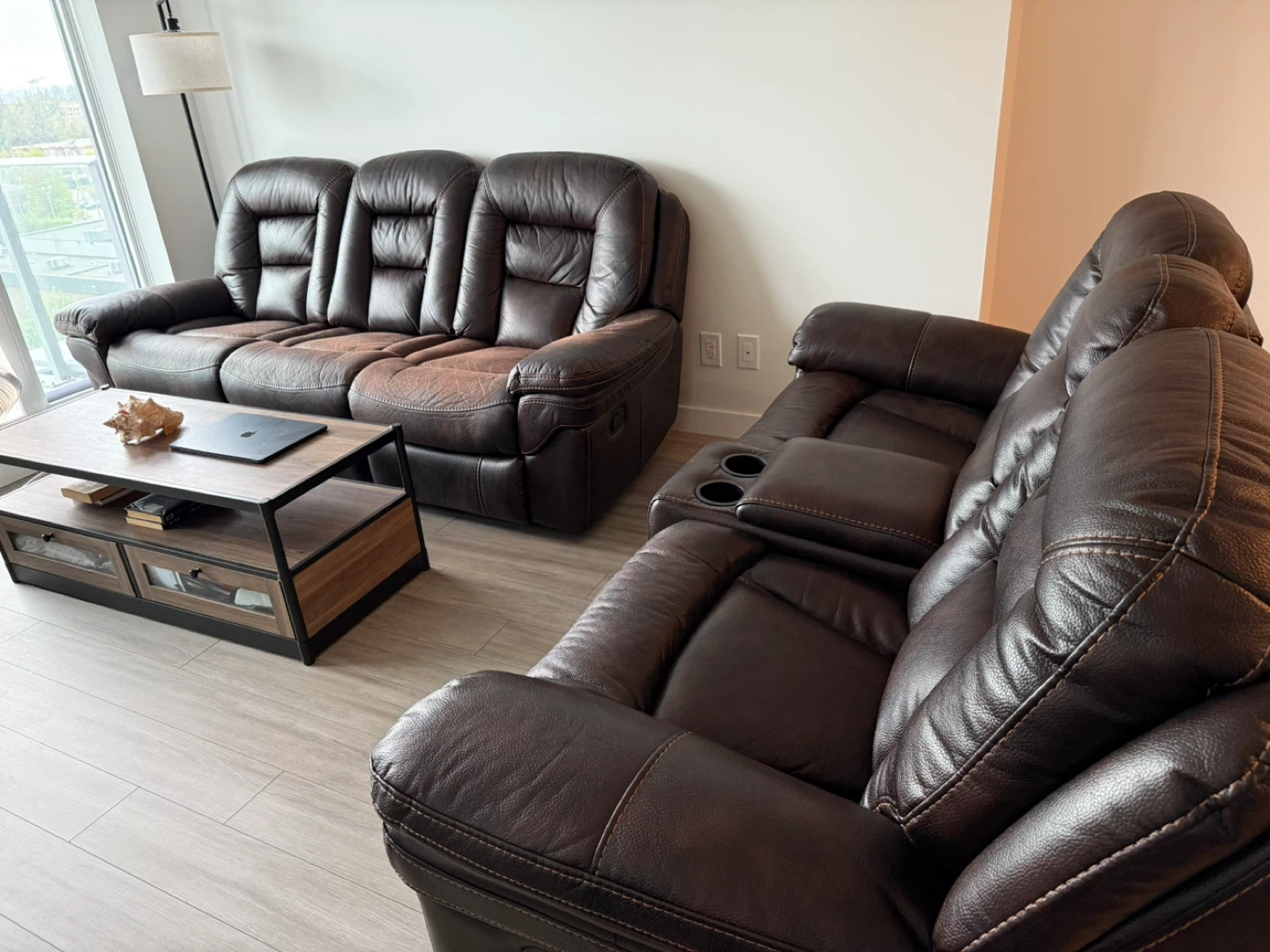 Brown Leather (Faux) Reclining Sofa Set