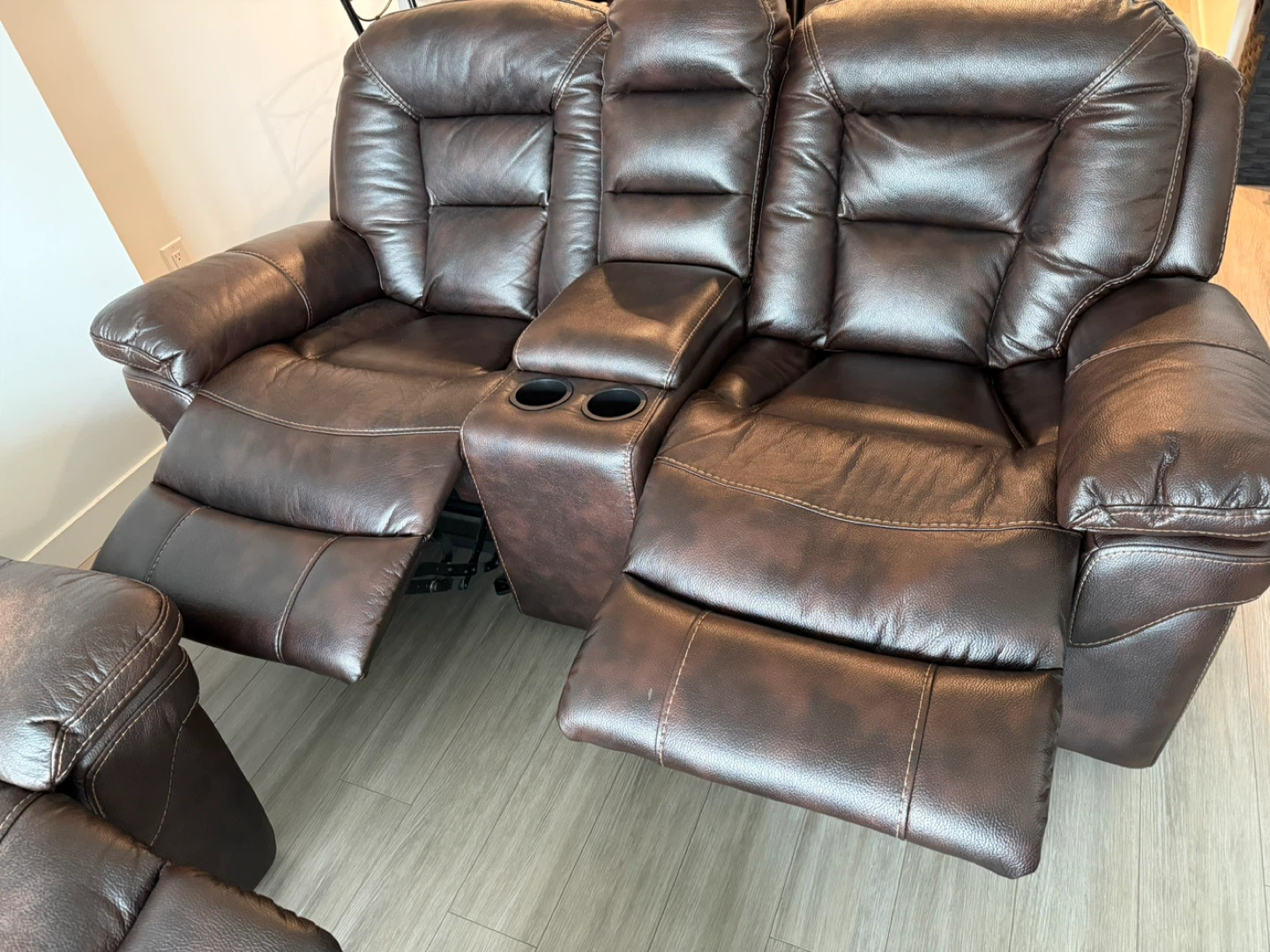 Brown Leather (Faux) Reclining Sofa Set - photo 5