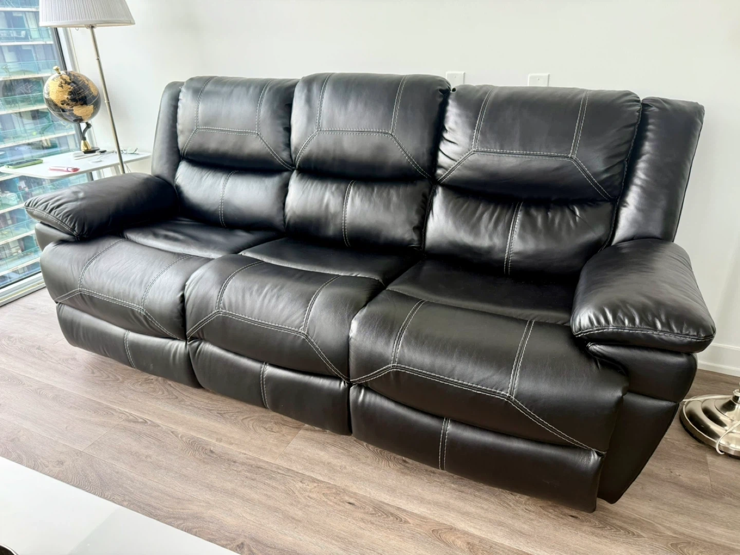 Black Leather Reclining Sofa with Cup Holders