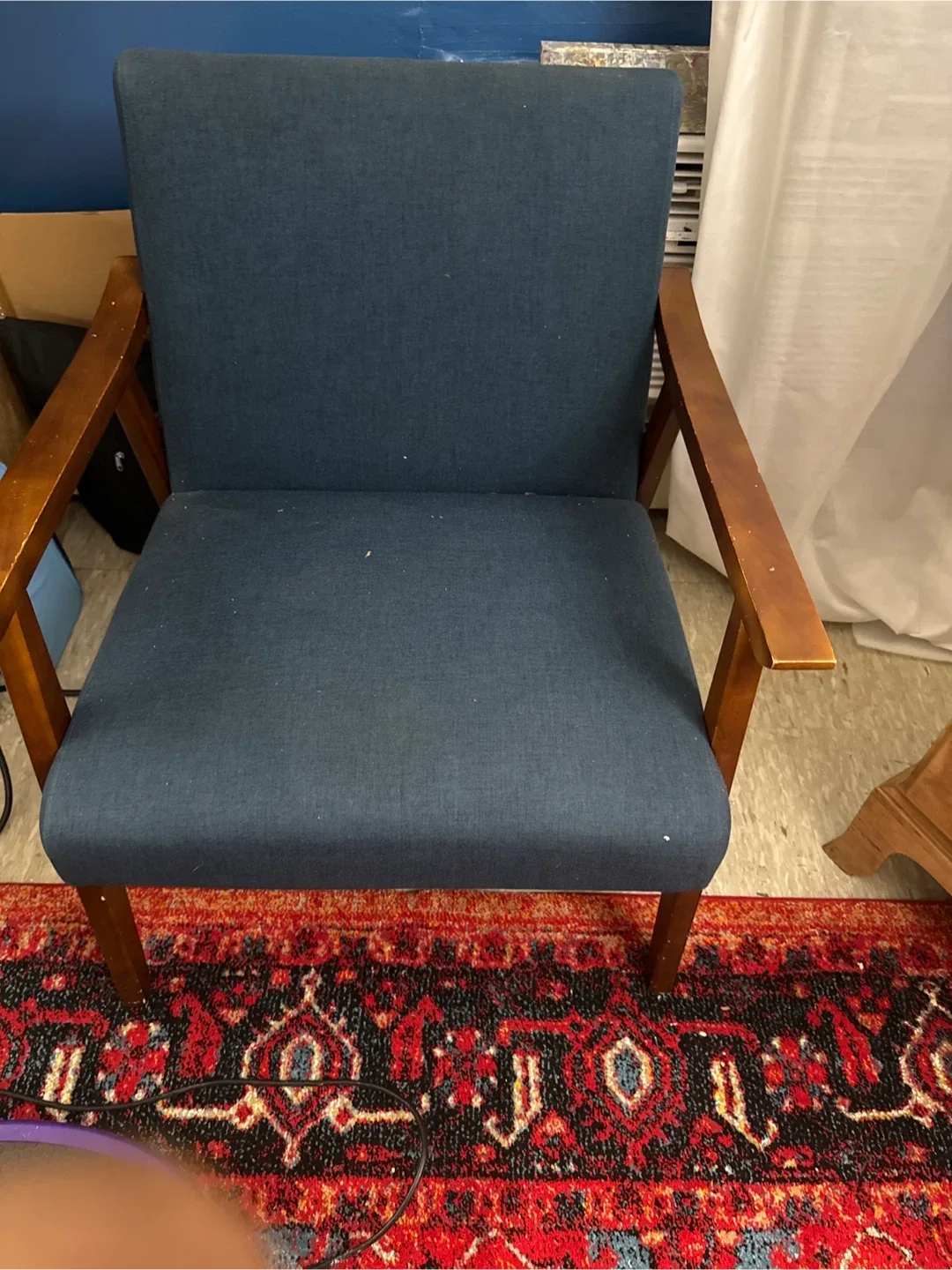 Blue Upholstered Chair with Wooden Frame