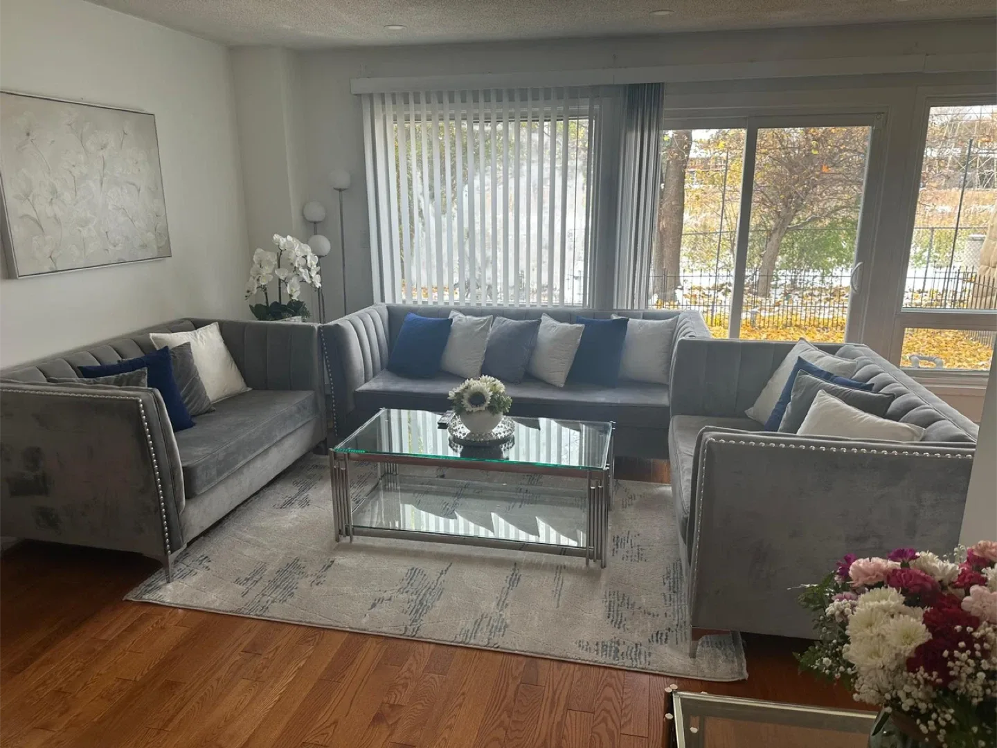 Grey Velvet Sectional Sofa Set and table image indicator(2)