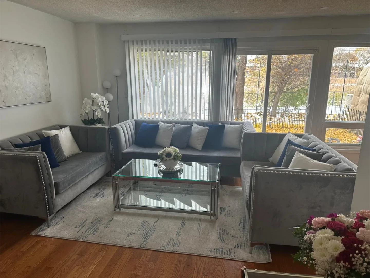 Grey Velvet Sectional Sofa Set and table image indicator(3)