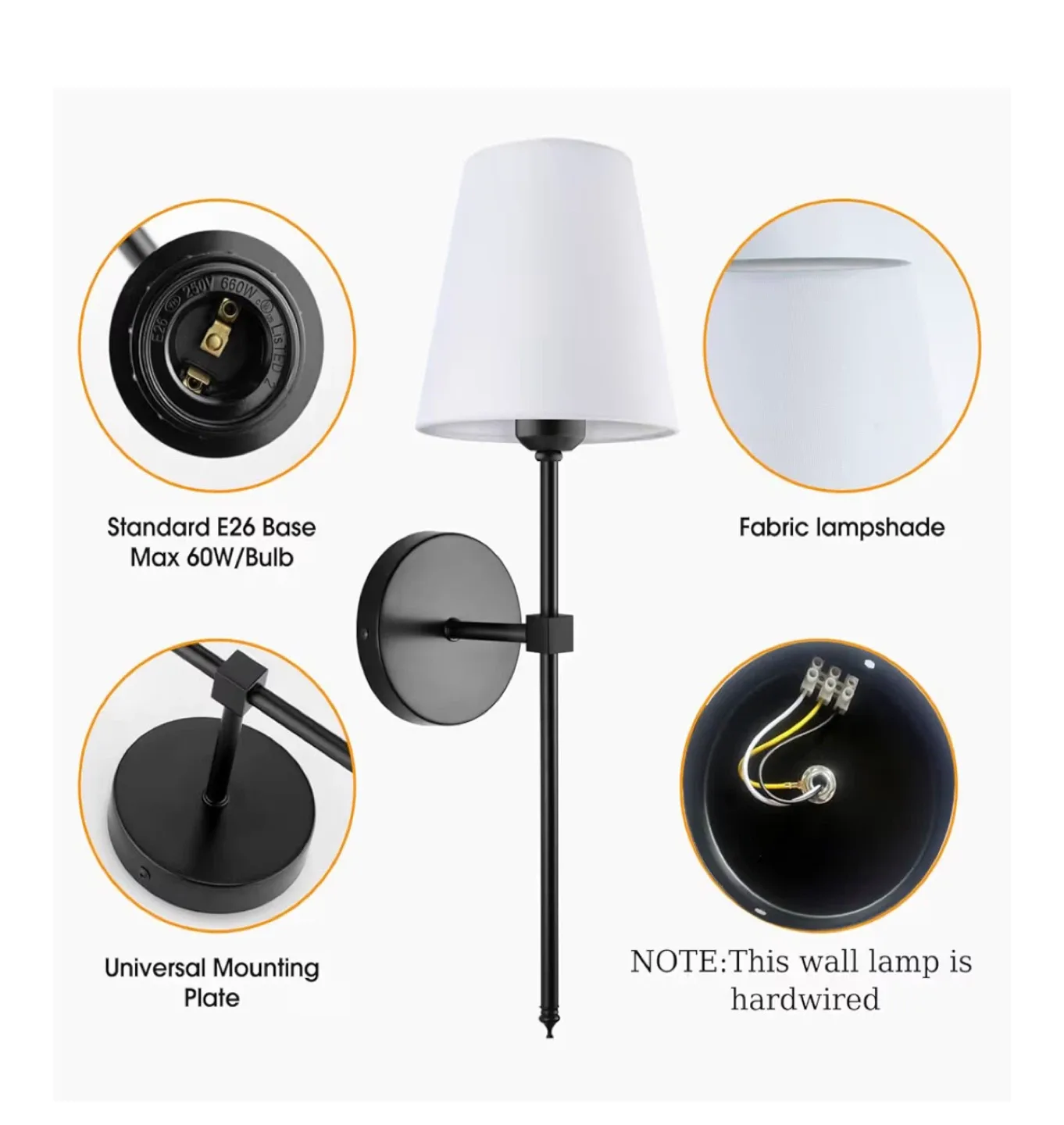 Black Wall Lamp with White Fabric Lampshade image indicator(2)