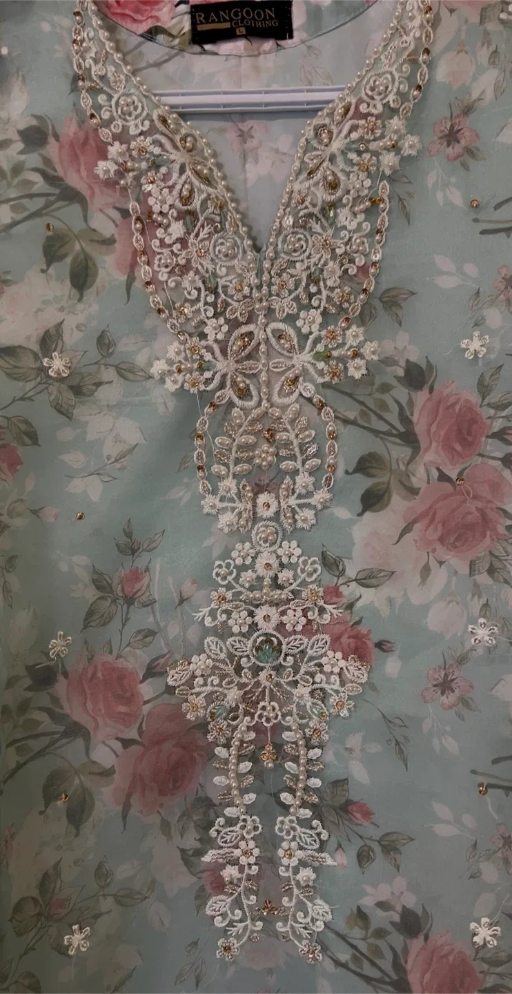 Beautiful Turquoise colour fancy embroidered organza suit image indicator(5)