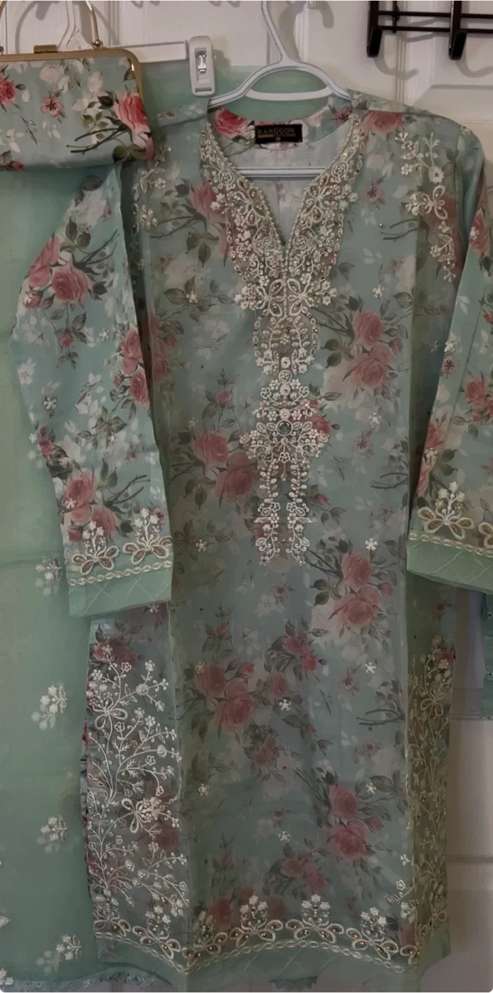 Beautiful Turquoise colour fancy embroidered organza suit image indicator(4)