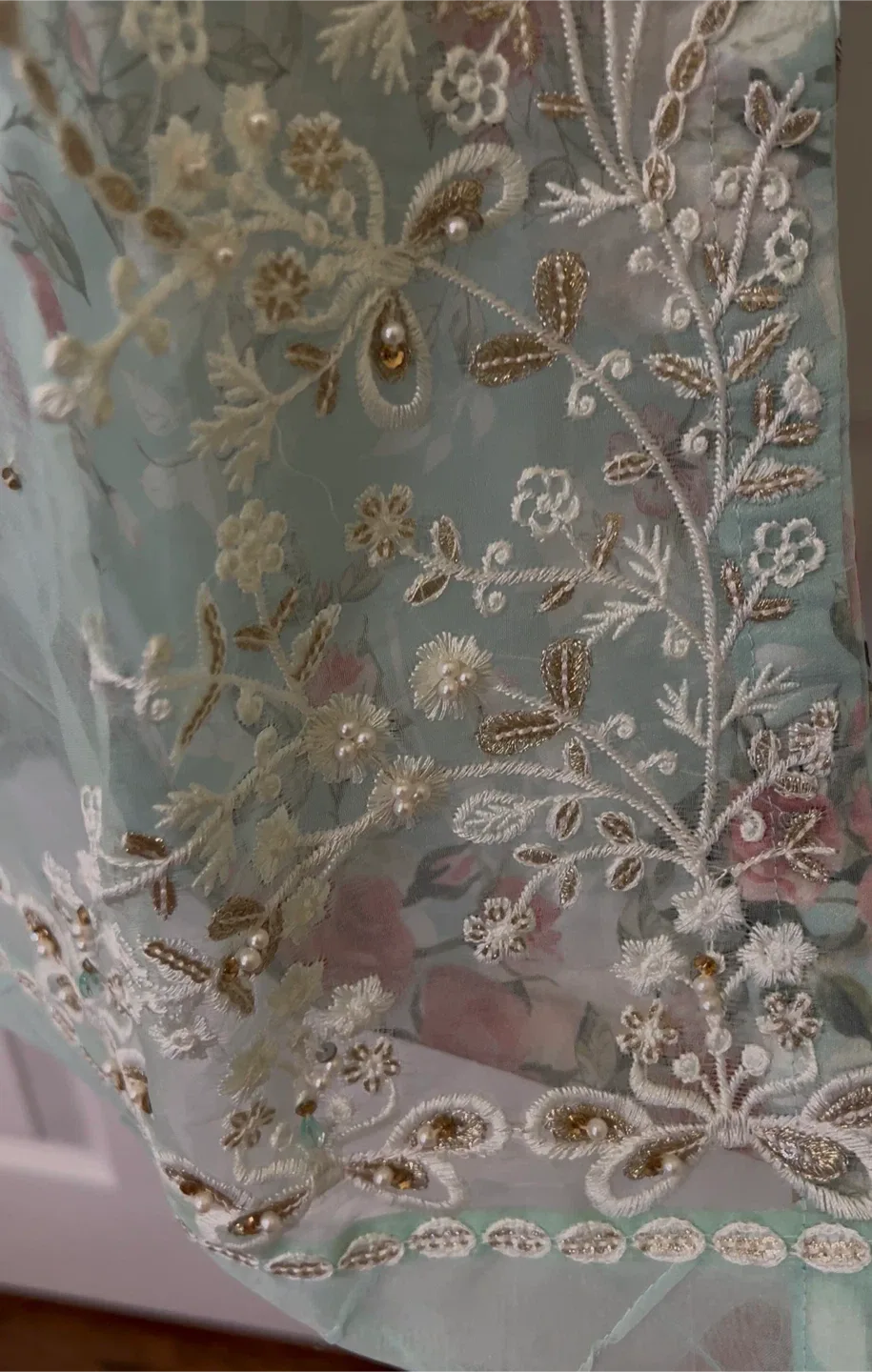 Beautiful Turquoise colour fancy embroidered organza suit image indicator(6)