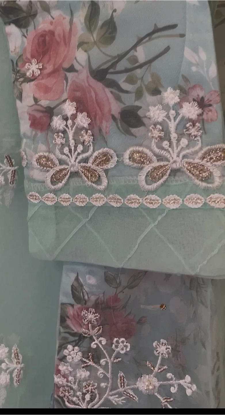 Beautiful Turquoise colour fancy embroidered organza suit image indicator(7)