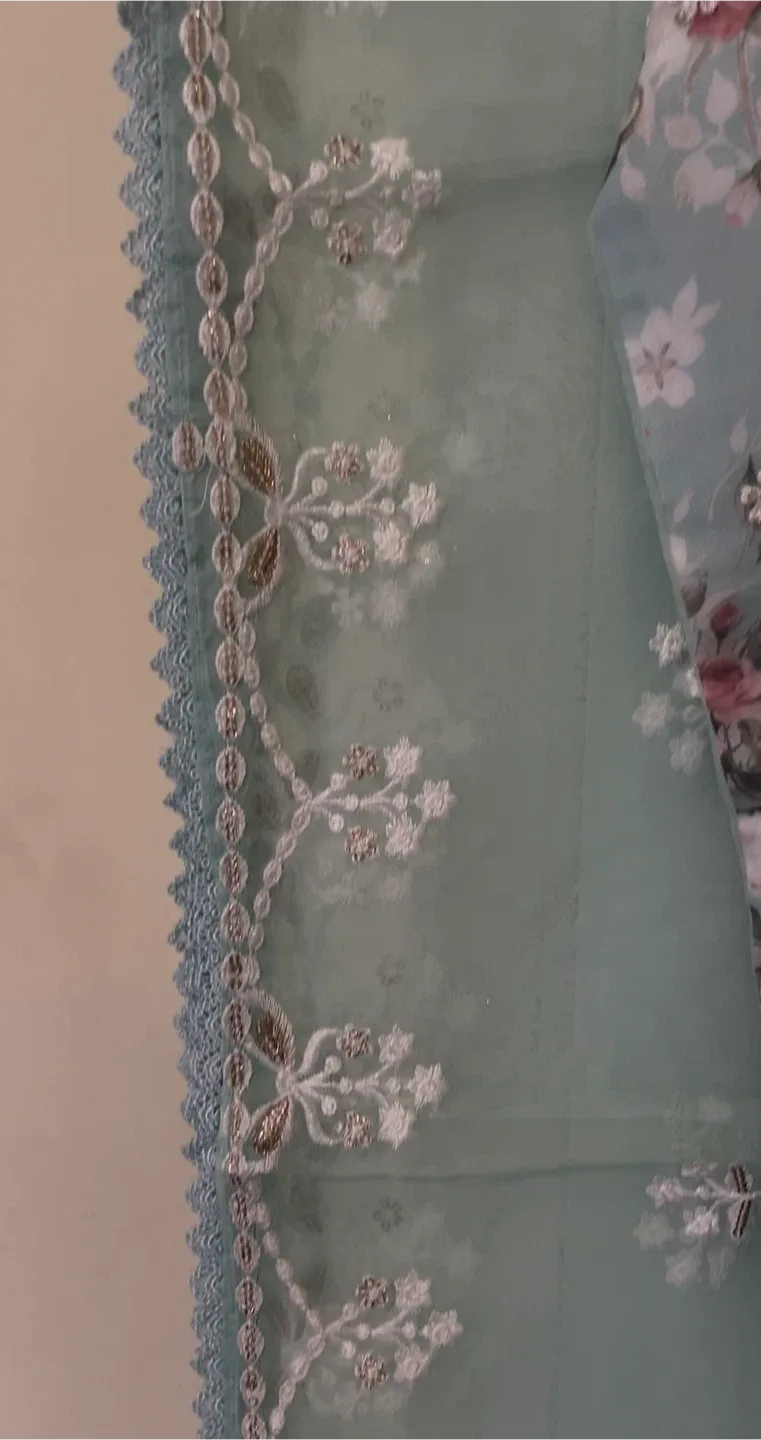 Beautiful Turquoise colour fancy embroidered organza suit image indicator(8)