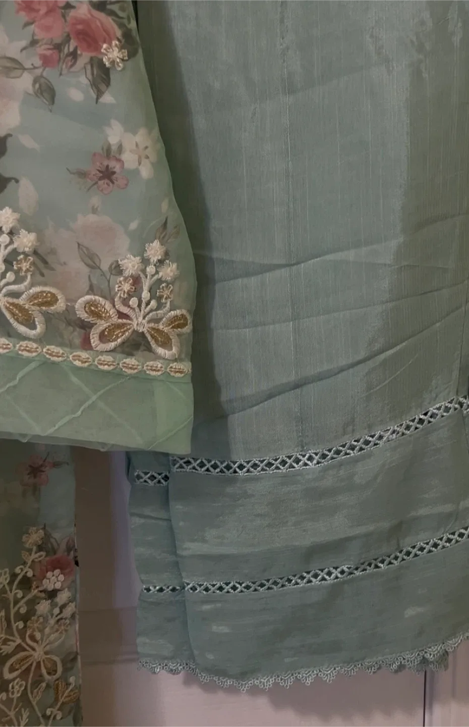 Beautiful Turquoise colour fancy embroidered organza suit image indicator(9)