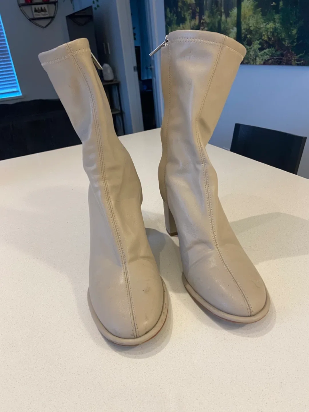 Beige Heeled Ankle Boots, Size 9