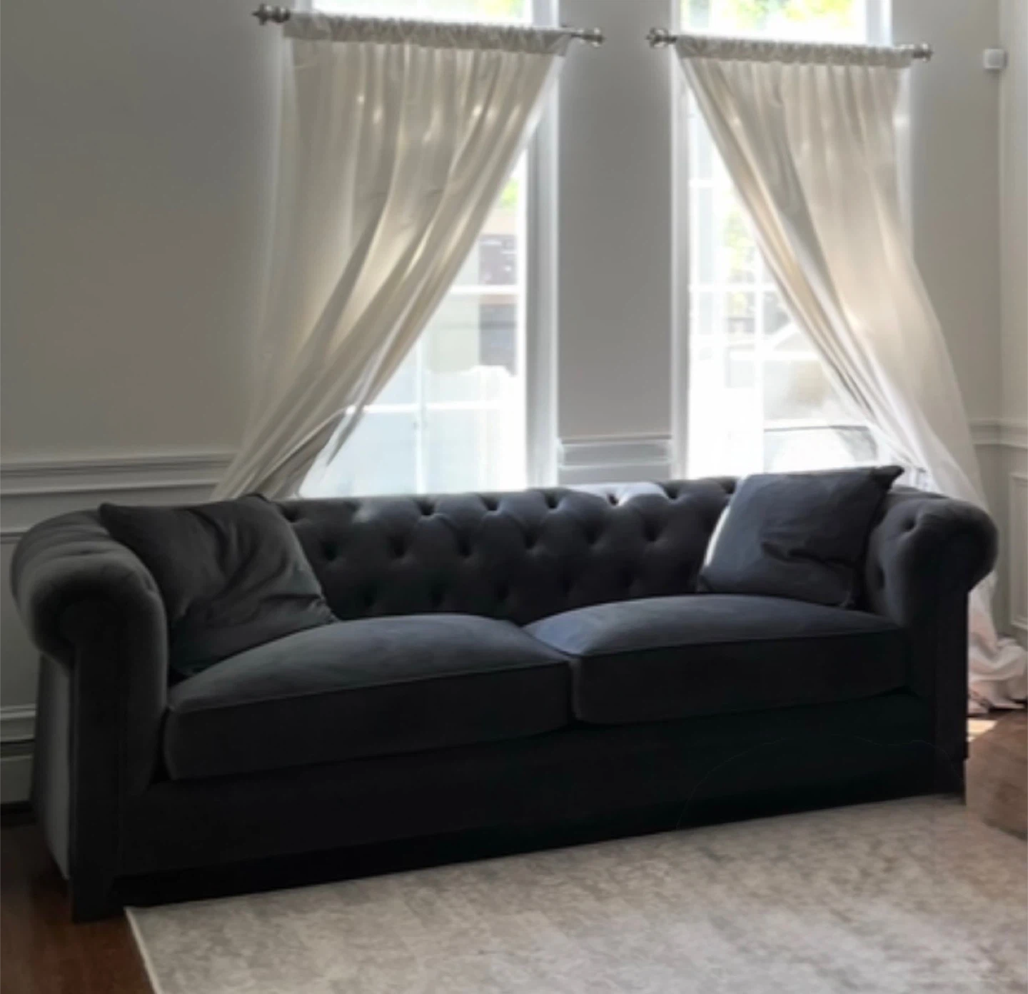 Martha Stewart Gunmetal Chesterfield Sofa and Armchair