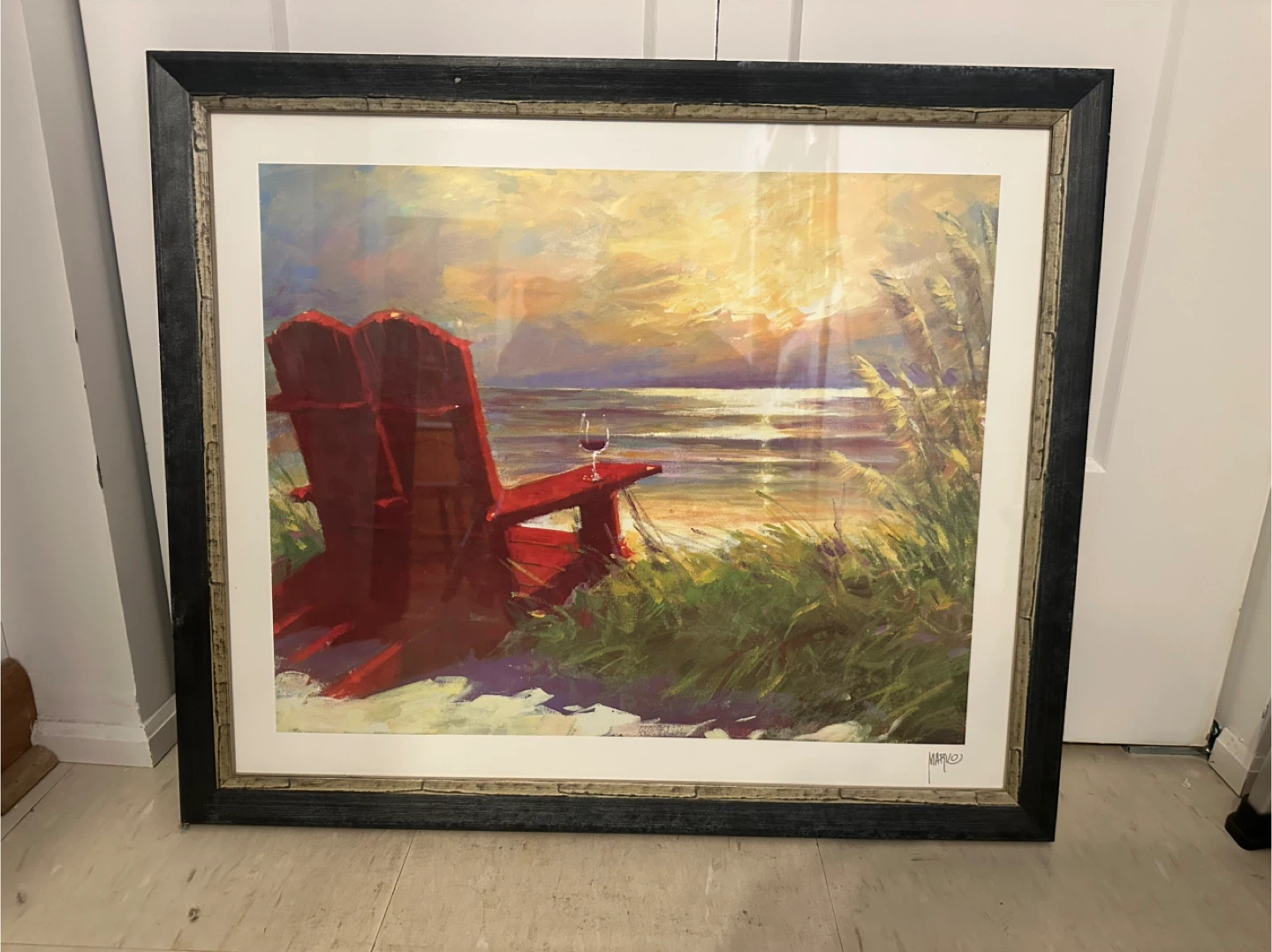 Framed Beach Painting w/ Red Chair & Wine