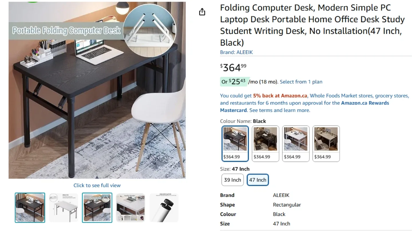 ALEEIK Folding Computer Desk - Black, 47 inch image indicator(3)