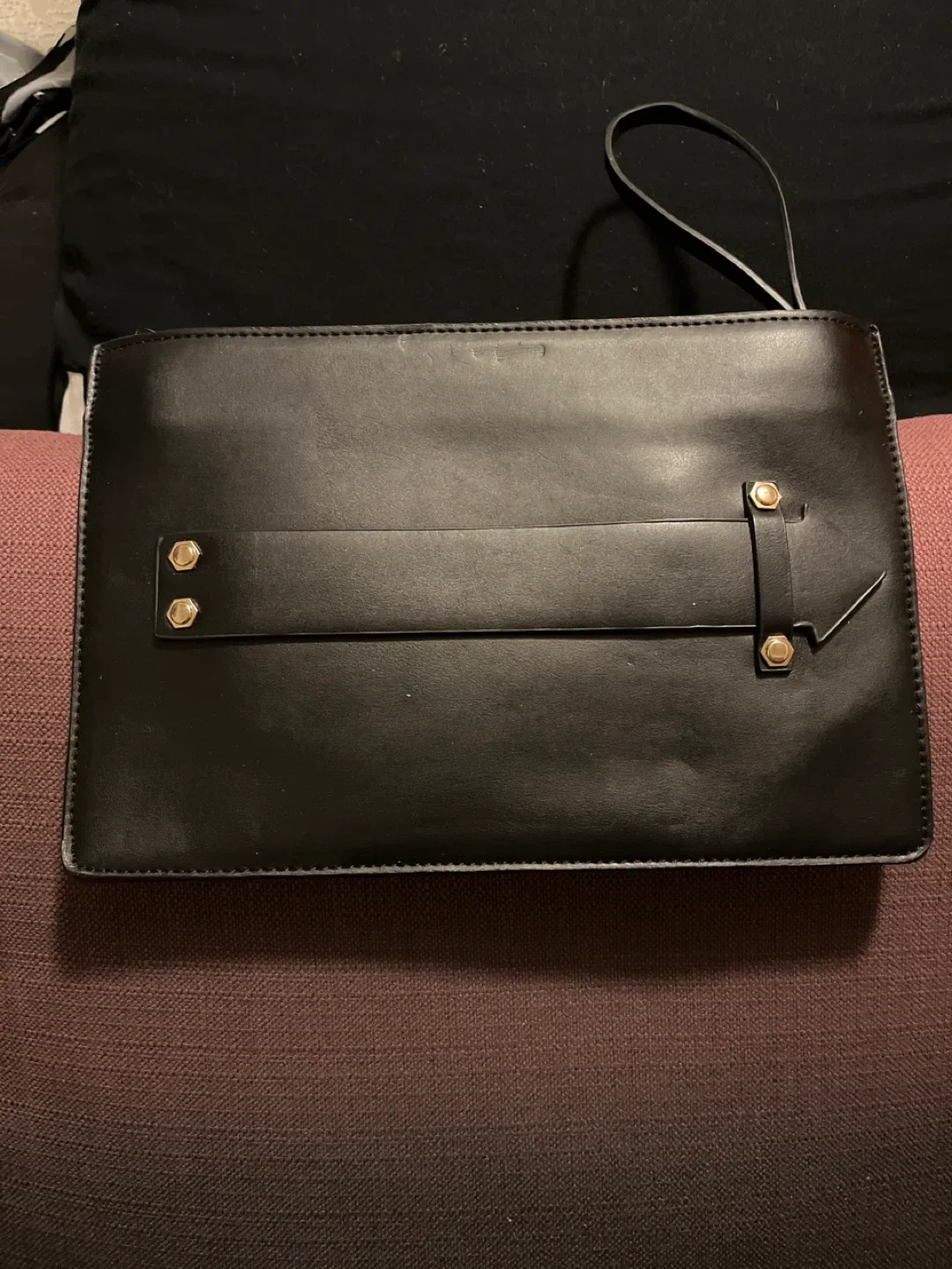 Black Leather Clutch with Arrow Detail