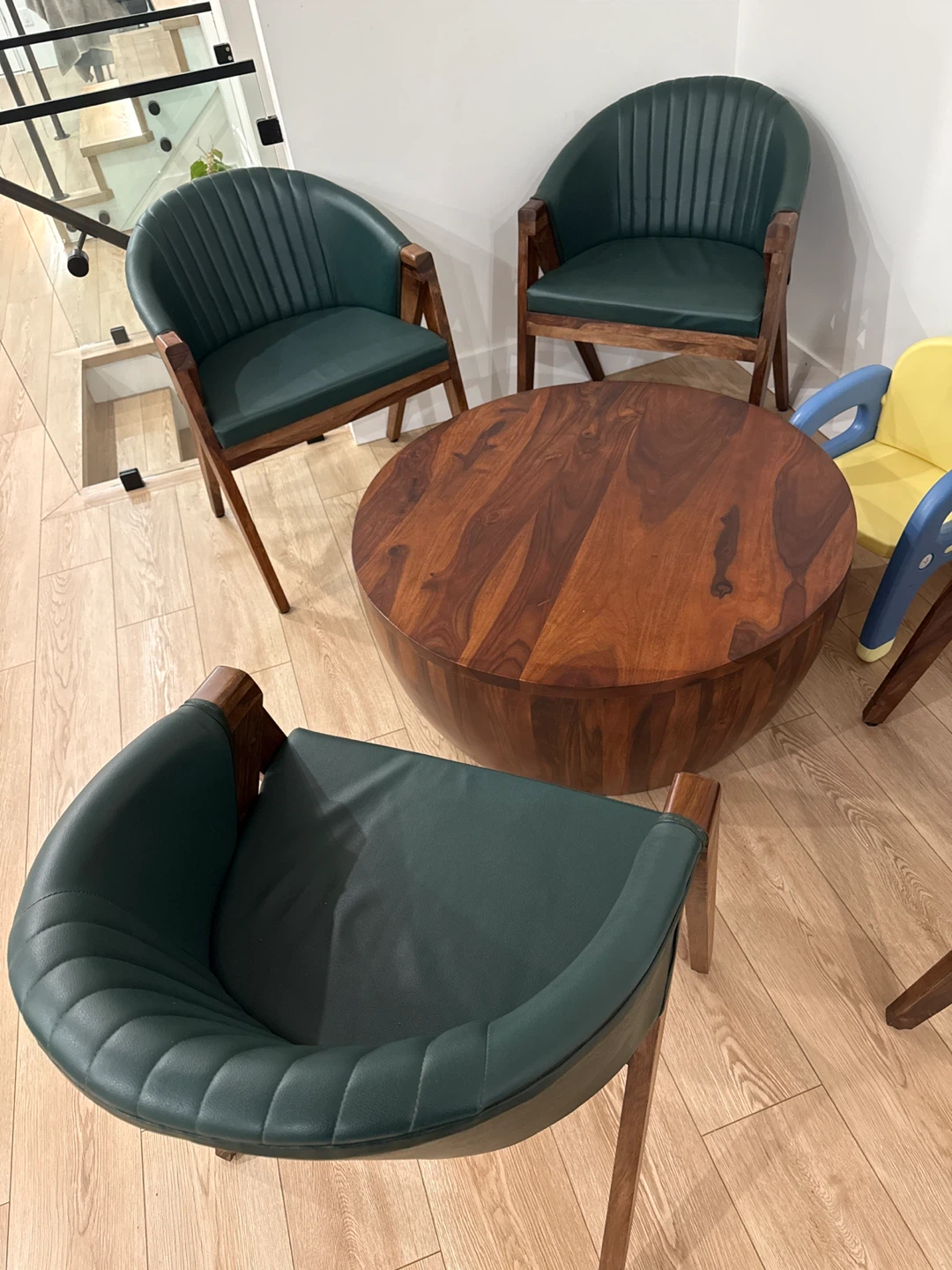 Green Leather & Wood Accent Chairs