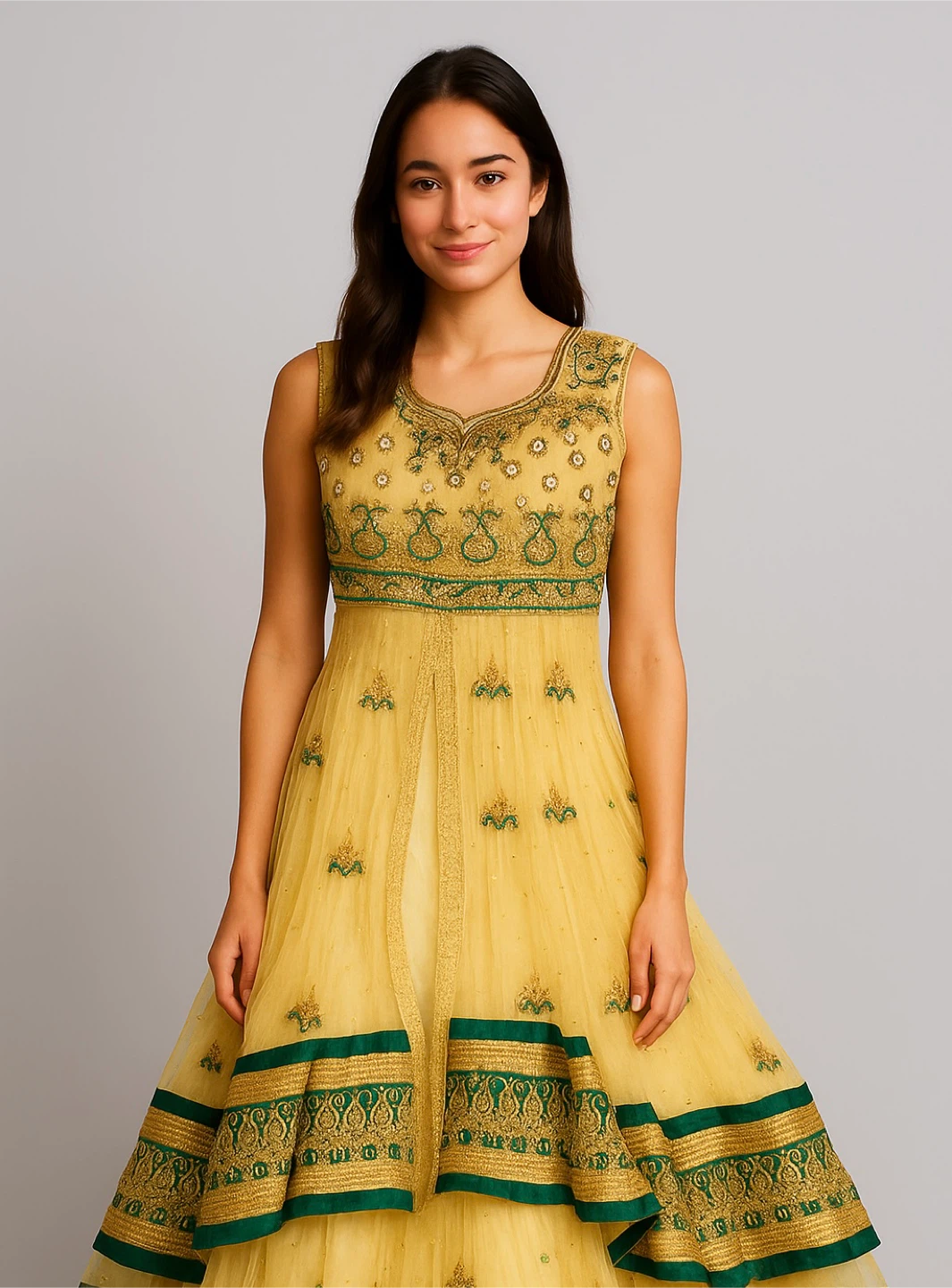 Women's Anarkali Dress - Gold & Green