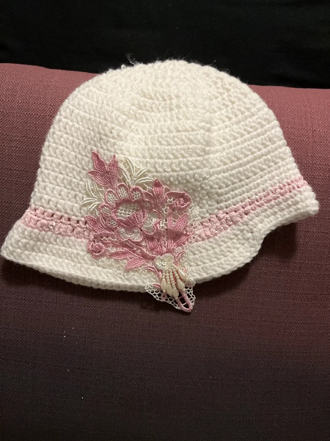 Handmade Crochet Baby Hat - White & Pink