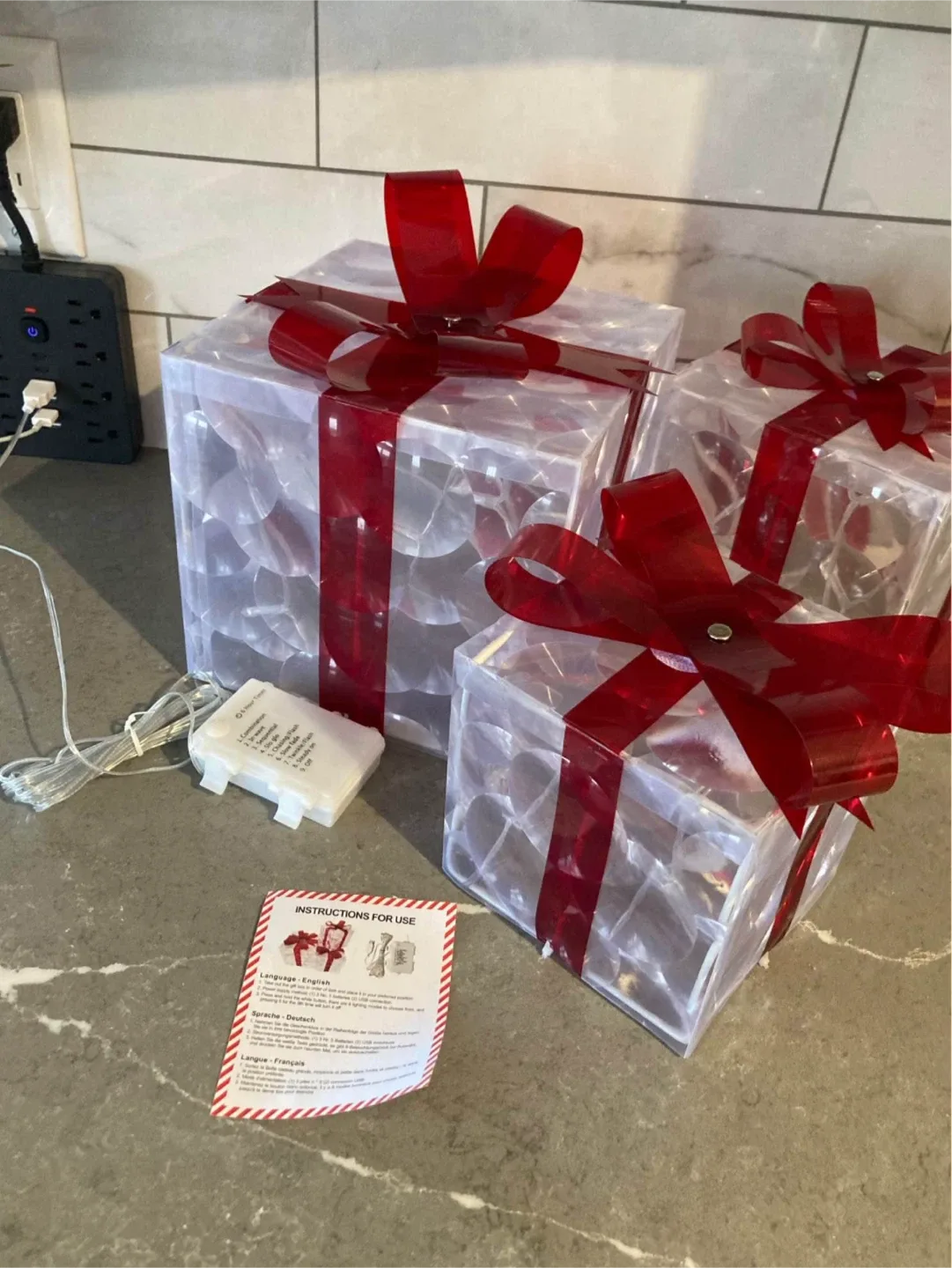 Set of 3 Decorative Lighted Gift Boxes with Red Ribbons image indicator(3)