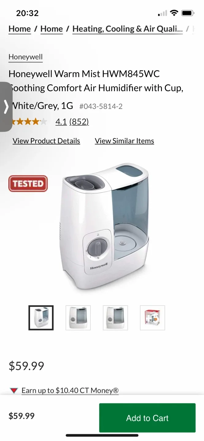 Honeywell Warm Mist Humidifier HWM845WC - White/Grey thumbnail