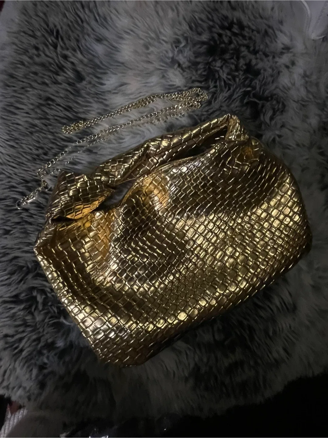 Gold Metallic Woven Bag with Chain