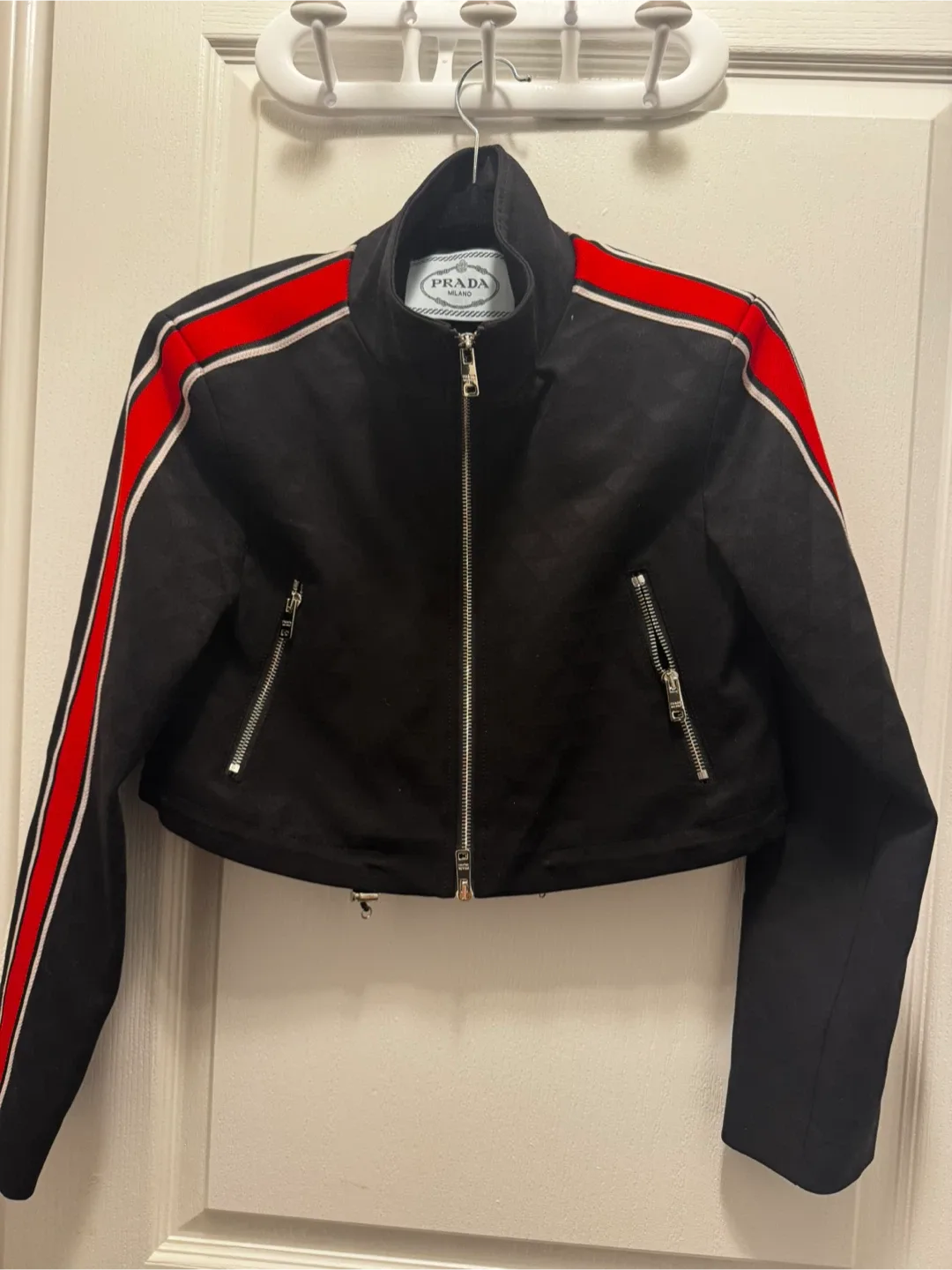 Prada Black Crop Jacket with Red Stripes image indicator(2)