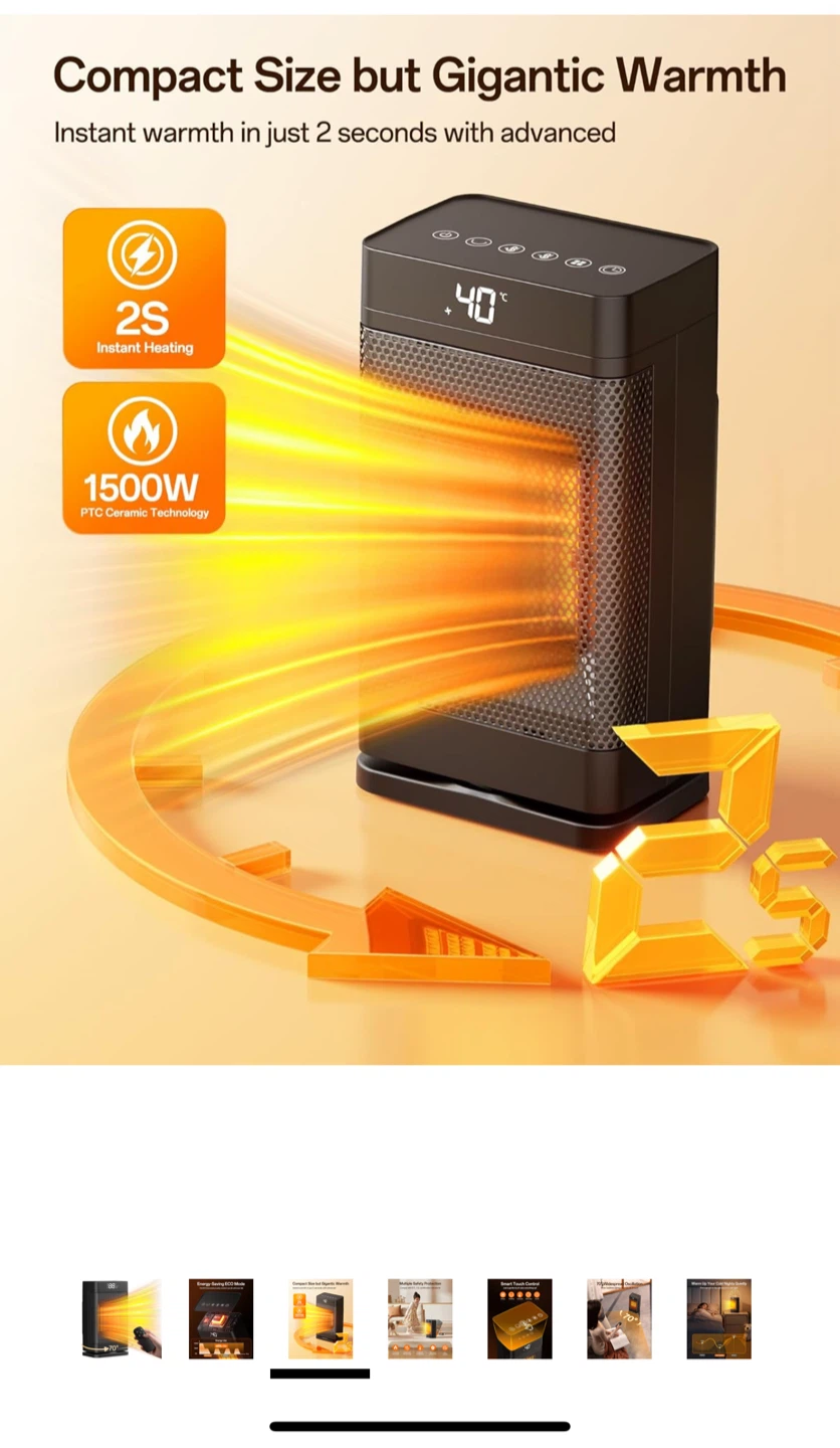 Compact Electric Space Heater - 1500W, Quiet - photo 5