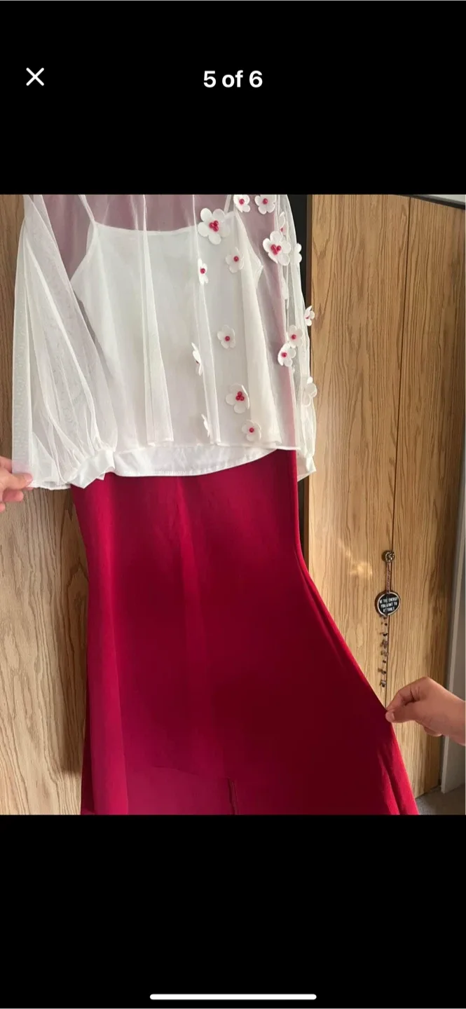 Red Dress with White Floral Top image indicator(3)