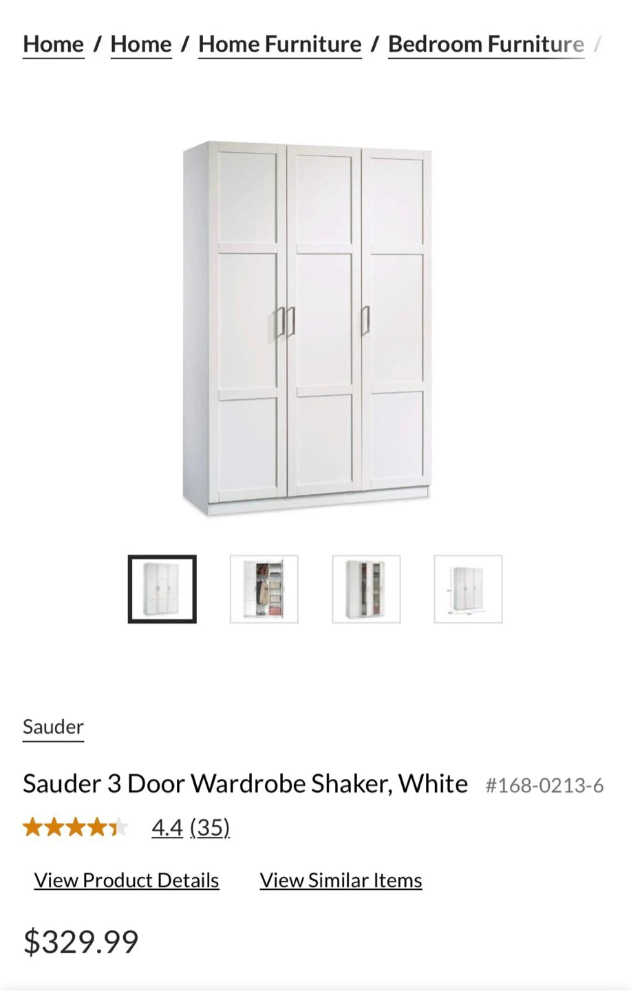 Sauder 3 Door Wardrobe Shaker, White