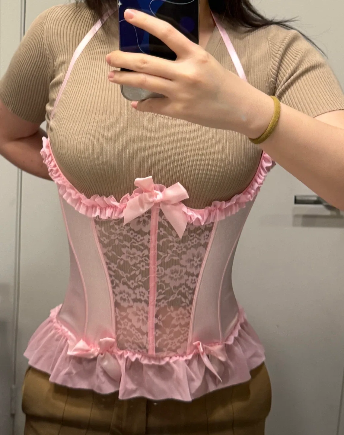 New Pink Satin and Lace Corset and G-string Set thumbnail