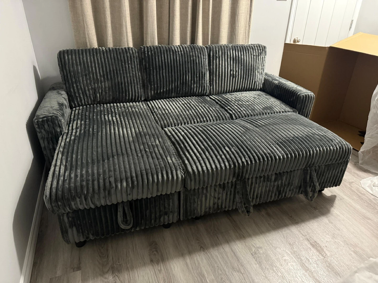 Grey Corduroy Sectional Sofa with Pull-Out Bed - photo 2