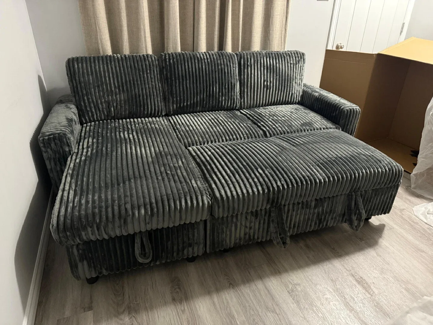 Grey Corduroy Sectional Sofa with Pull-Out Bed image indicator(2)