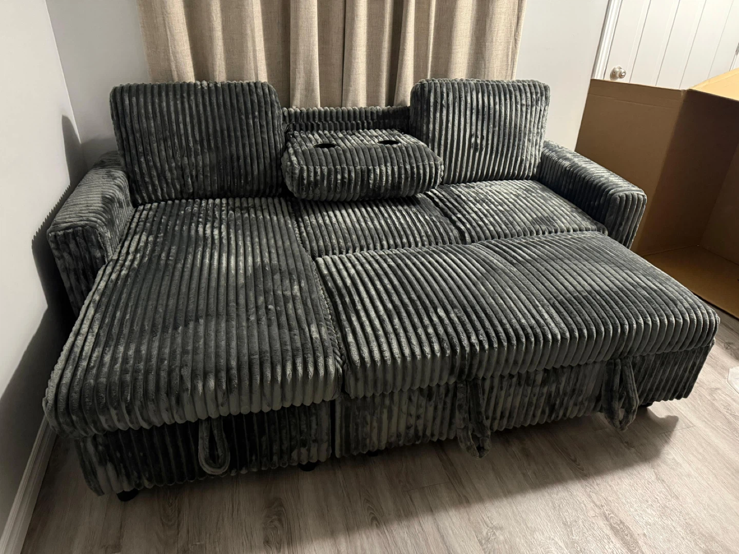Grey Corduroy Sectional Sofa with Pull-Out Bed