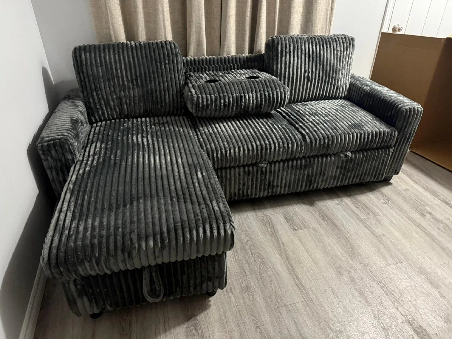 Grey Corduroy Sectional Sofa with Pull-Out Bed image indicator(5)