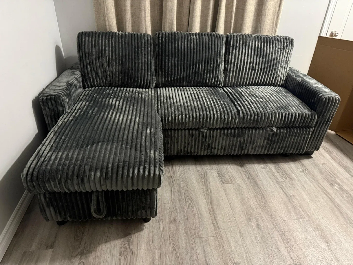 Grey Corduroy Sectional Sofa with Pull-Out Bed image indicator(4)