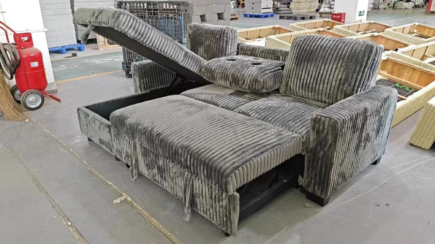 Grey Corduroy Sectional Sofa with Pull-Out Bed image indicator(7)