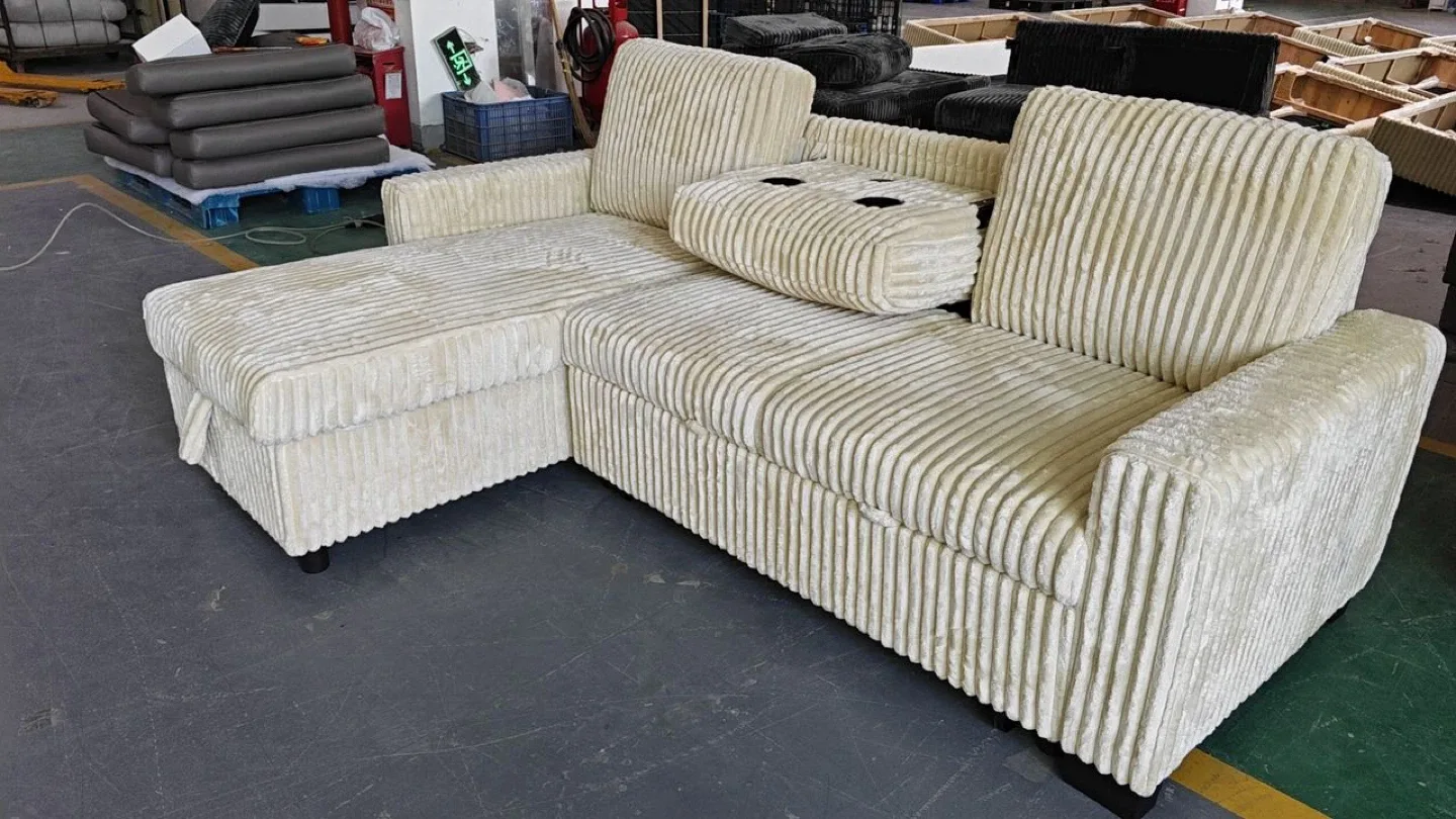 Grey Corduroy Sectional Sofa with Pull-Out Bed image indicator(9)