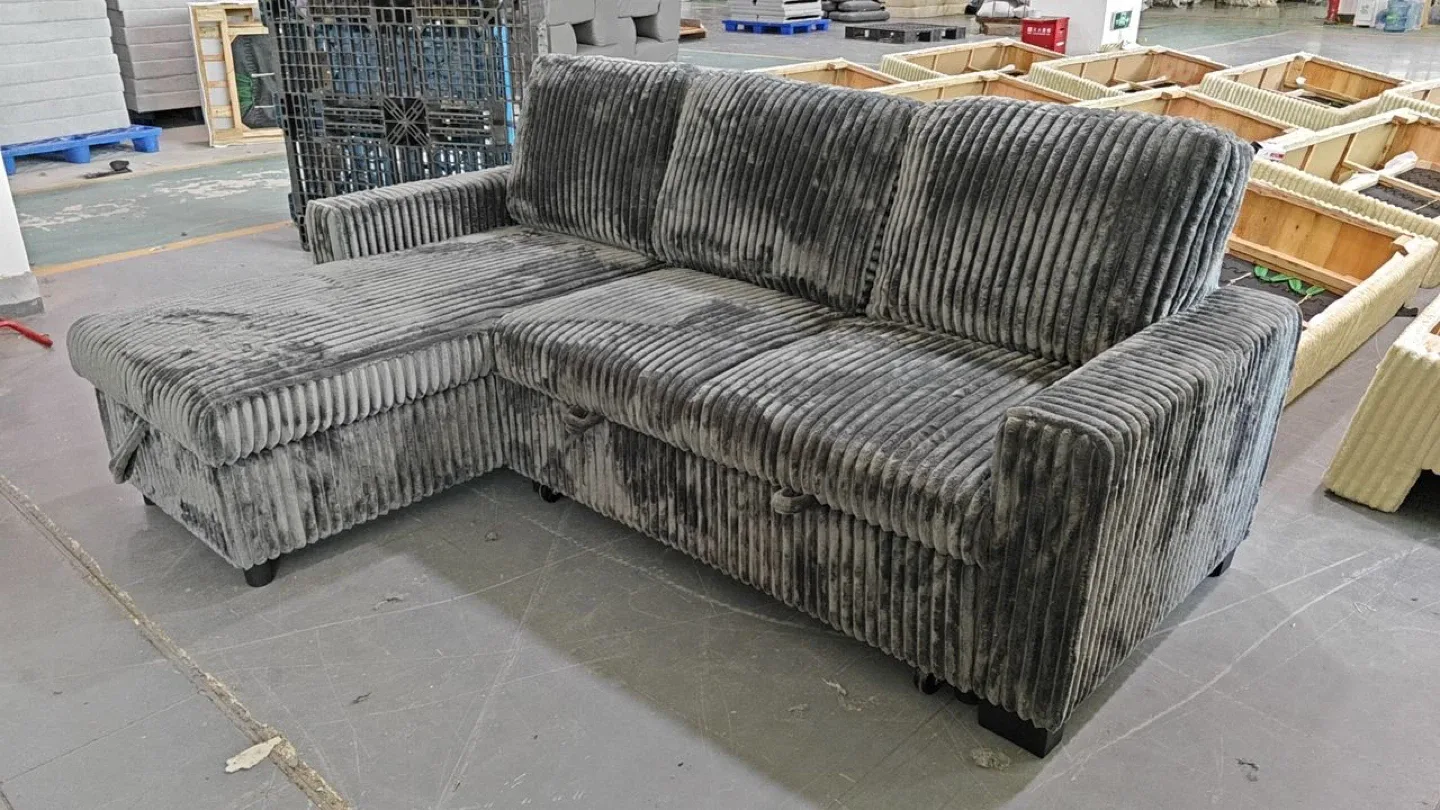 Grey Corduroy Sectional Sofa with Pull-Out Bed image indicator(8)