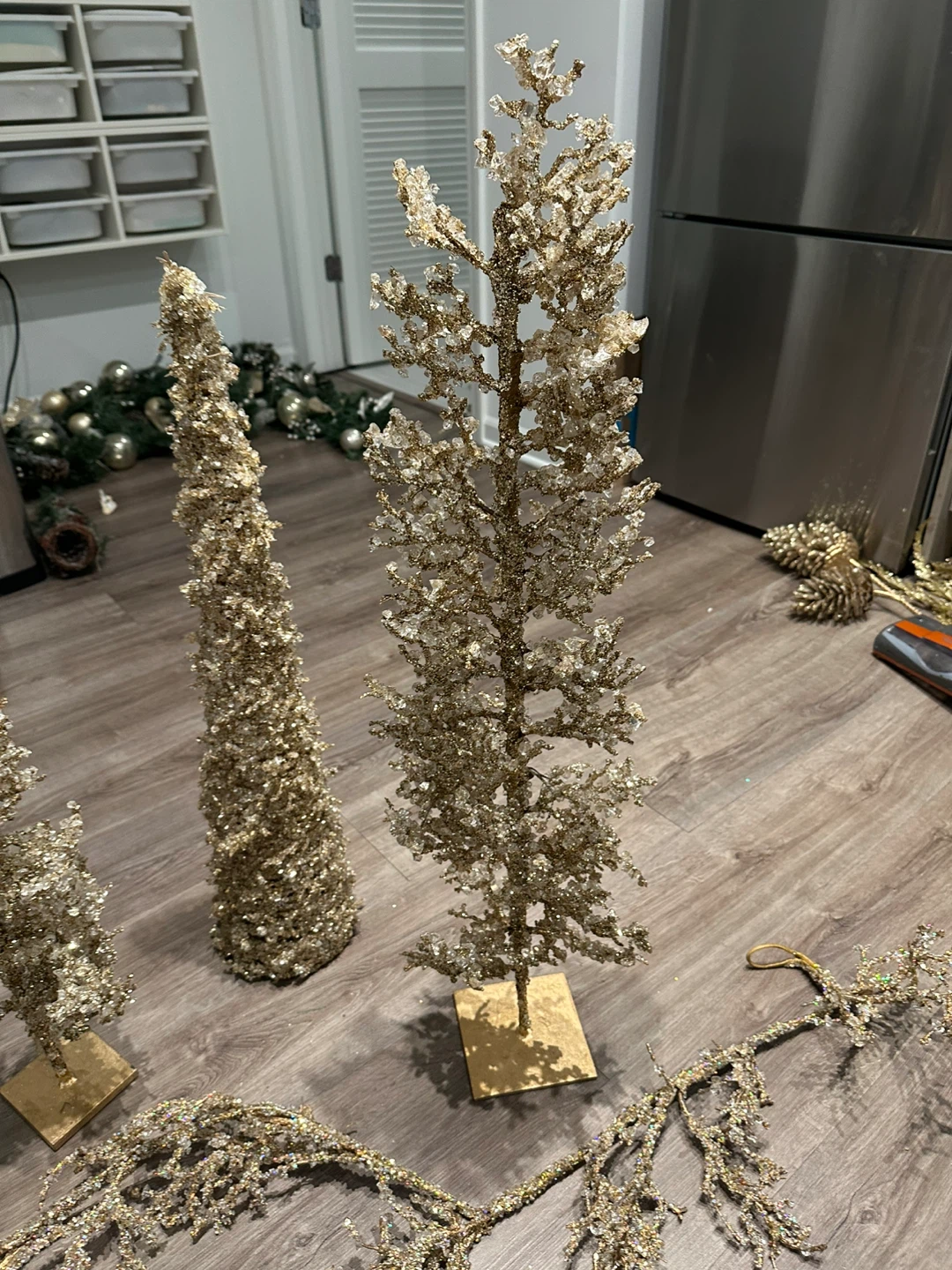 Gold and Crystal Christmas Decor Set - 3 Trees and Garland