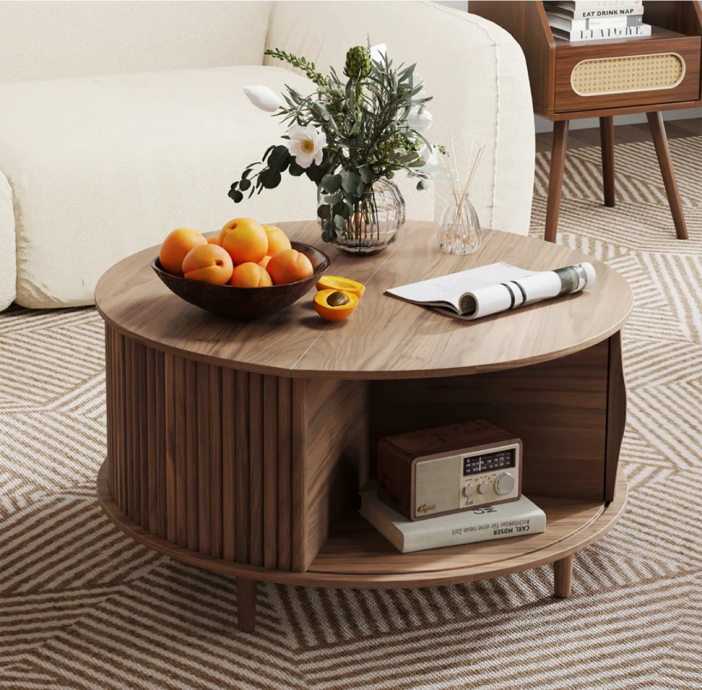 Round Wooden Coffee Table with Storage