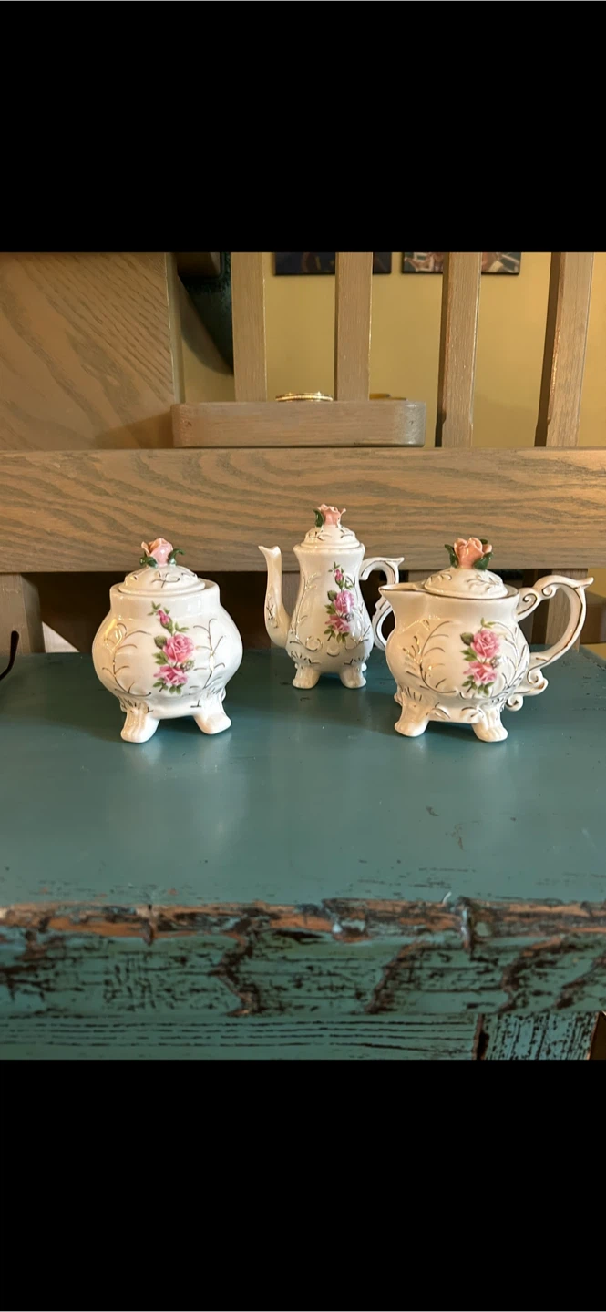 Vintage Porcelain Tea Pot with creamer and sugar bowl