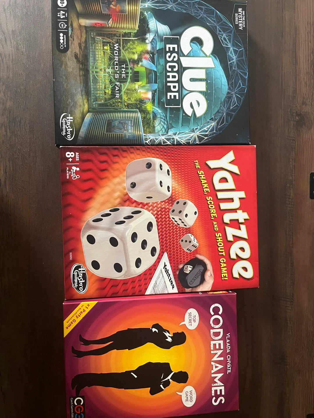 Board Games: Codenames, Clue Escape, Yahtzee