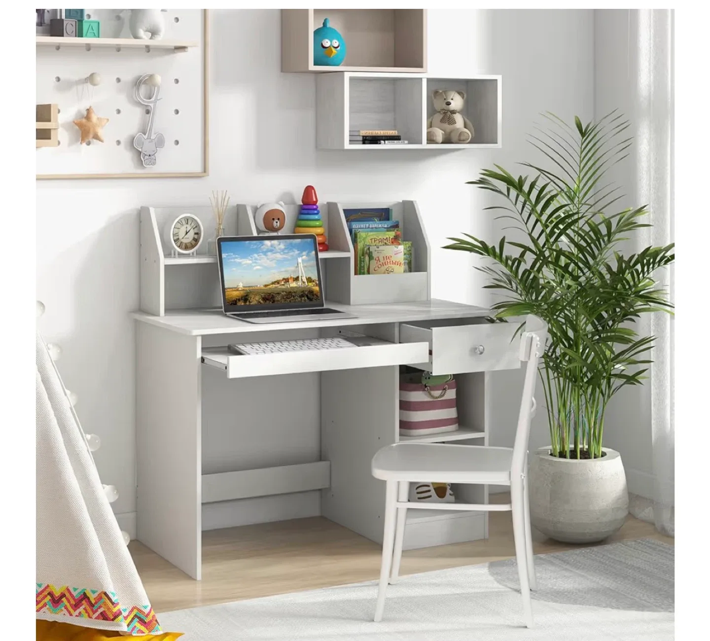 Kids White Desk with Hutch and Storage