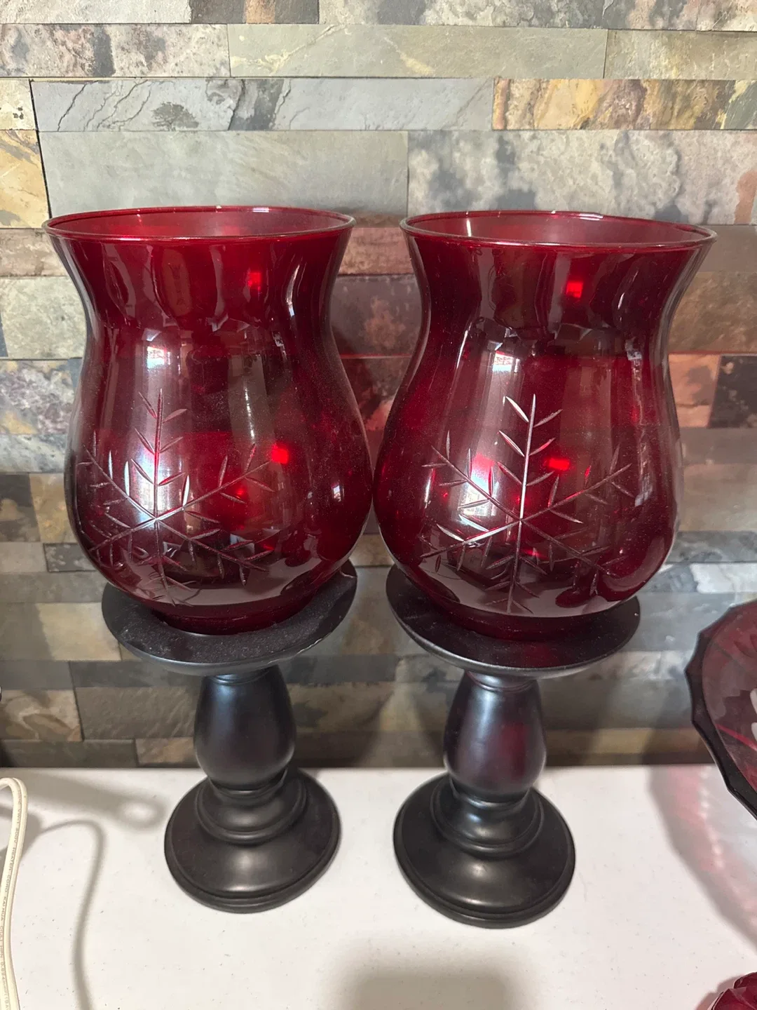 Red Glass Candle Holders with Snowflake Design thumbnail