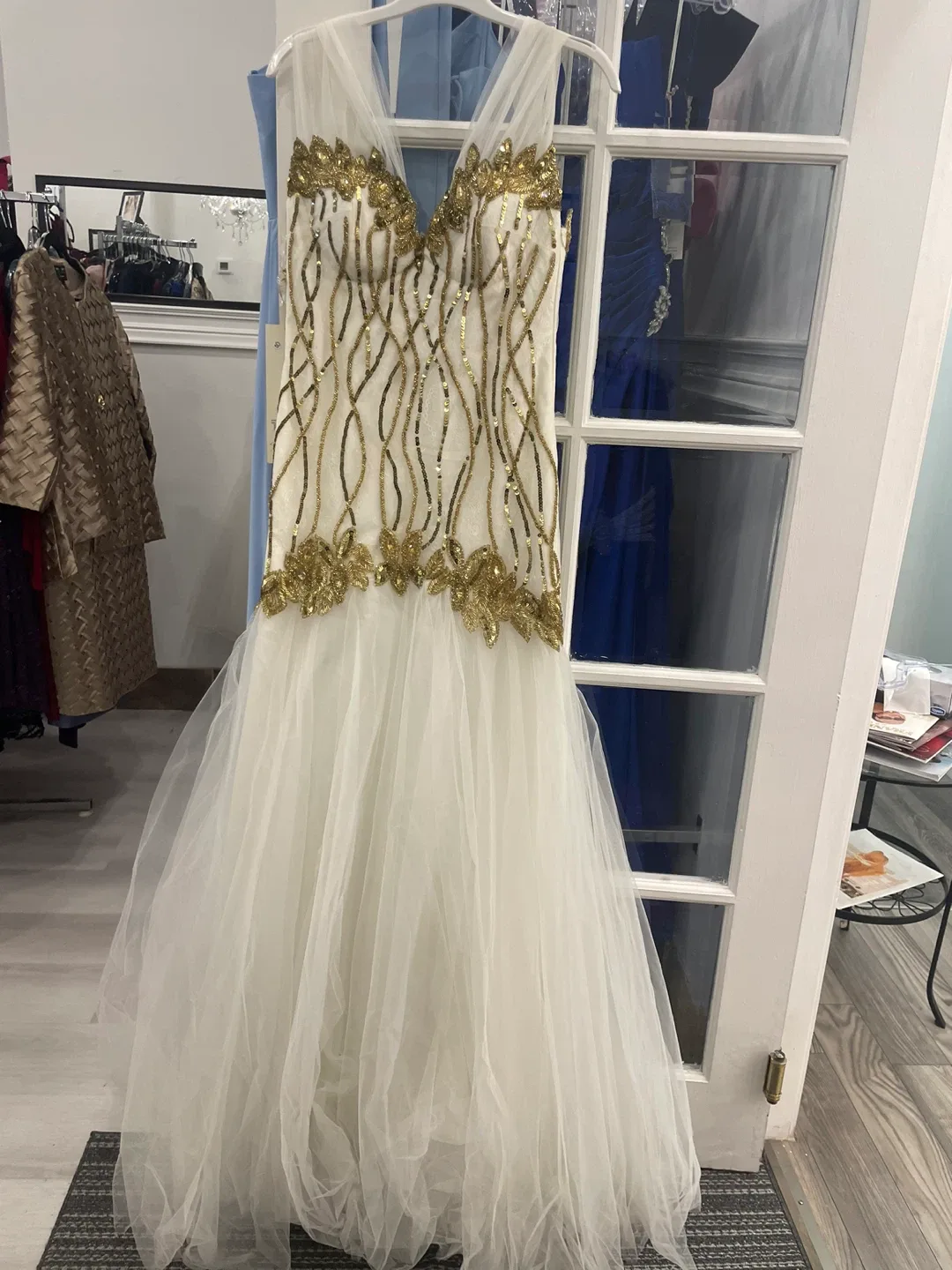 White & Gold Embellished Formal Gown