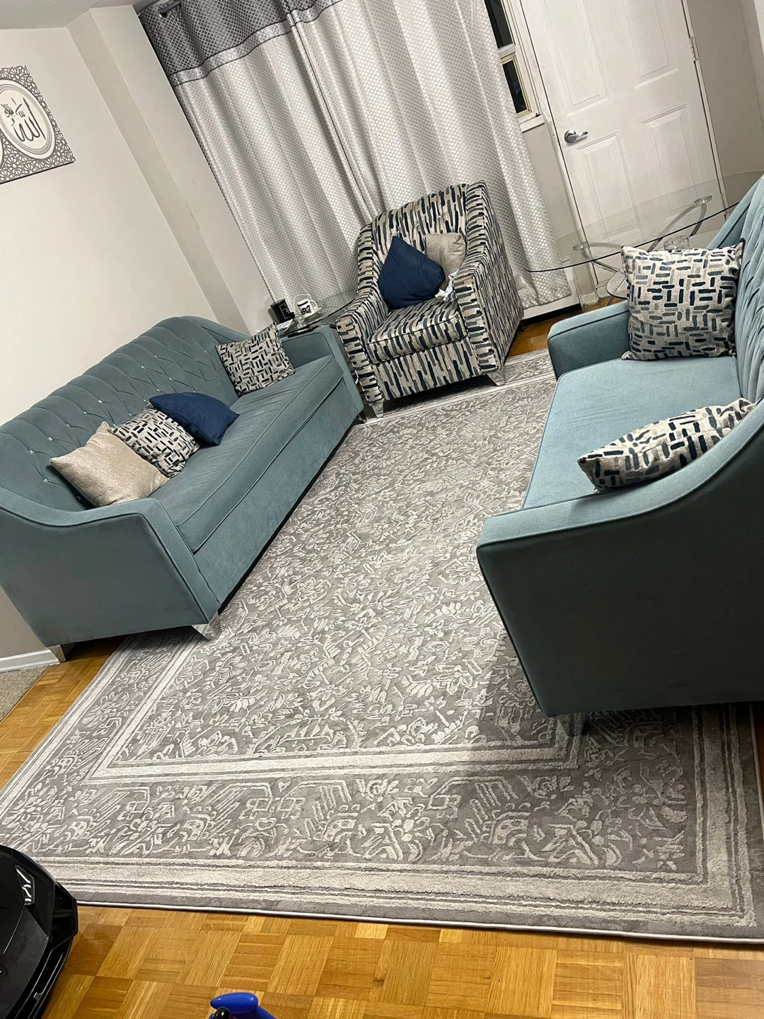 Light Blue Tufted Sofa and Armchair Set