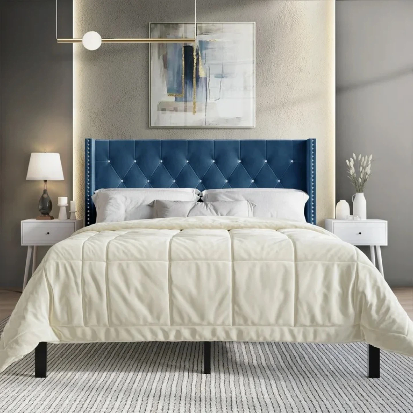 Blue Velvet Upholstered Bed Frame